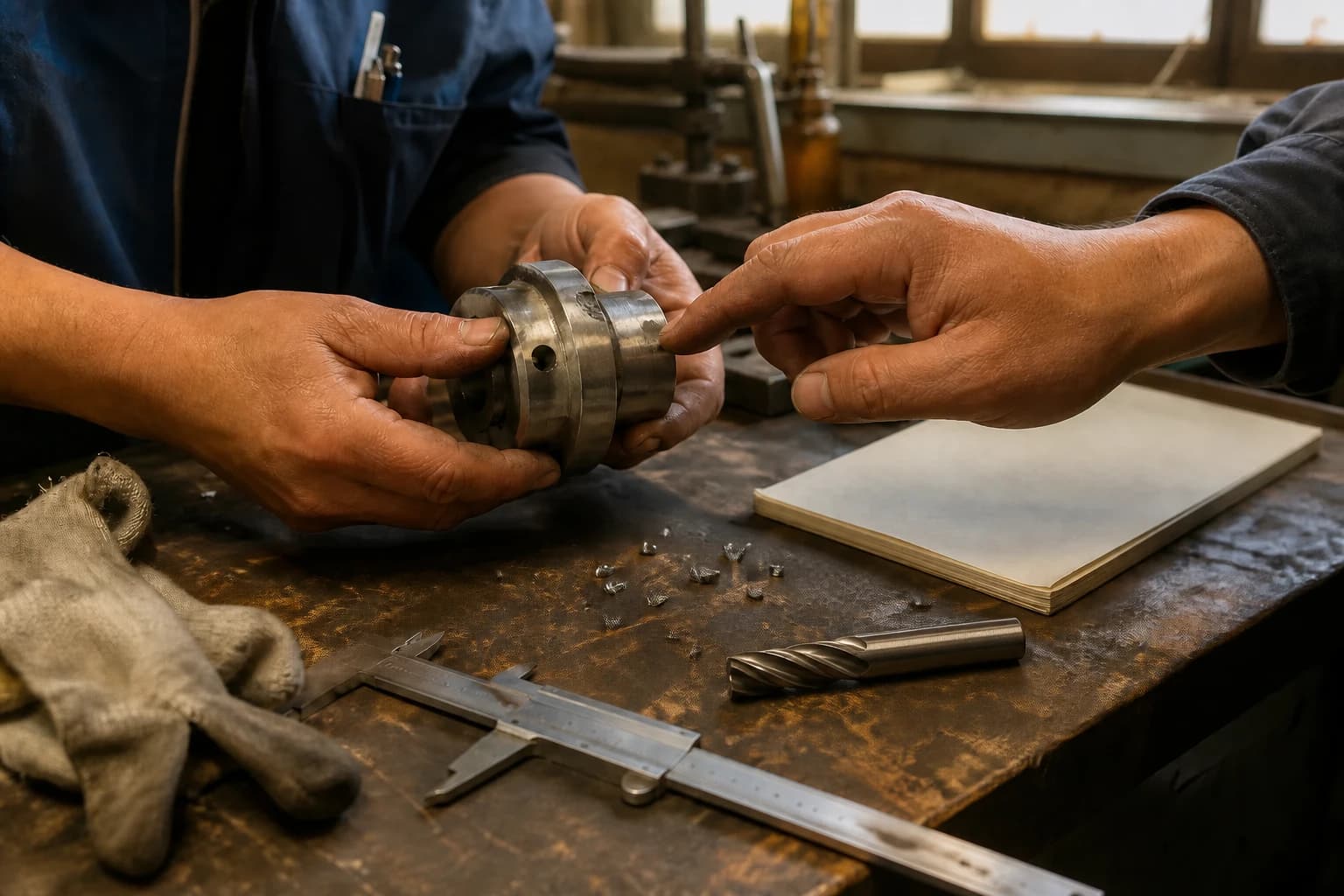 工場の作業台で部品の不具合を確認する現場スタッフの手元